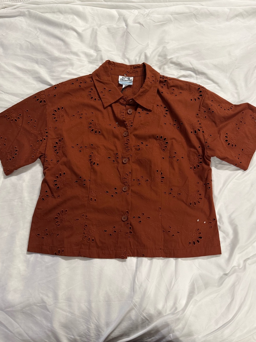 Future Collective Rust Eyelet Button-Up Short Sleeve Top